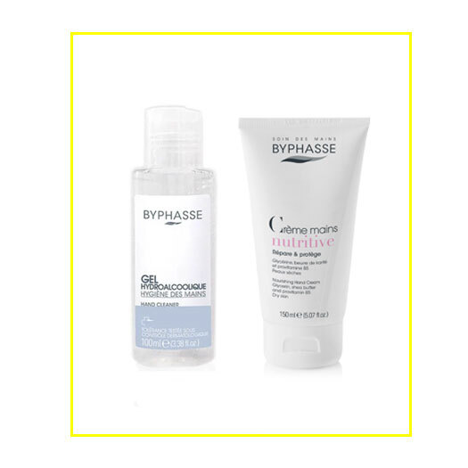 Gel hydroalcoolique 2,50 €, Crème nutritive 1,90 €, de chez Byphasse